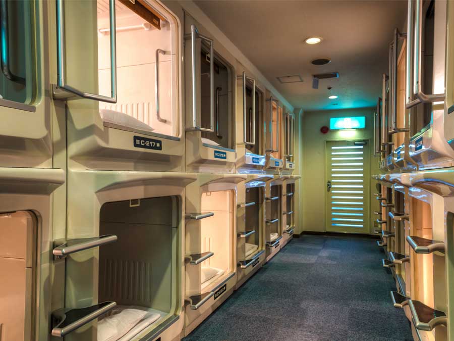 Capsule hotel accommodation in Japan