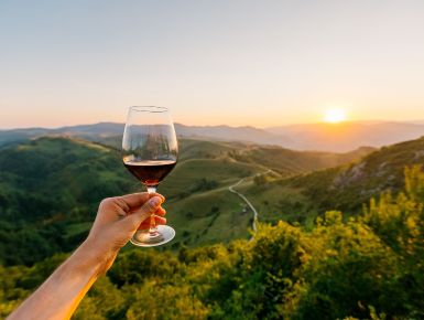 wine glass and vineyards